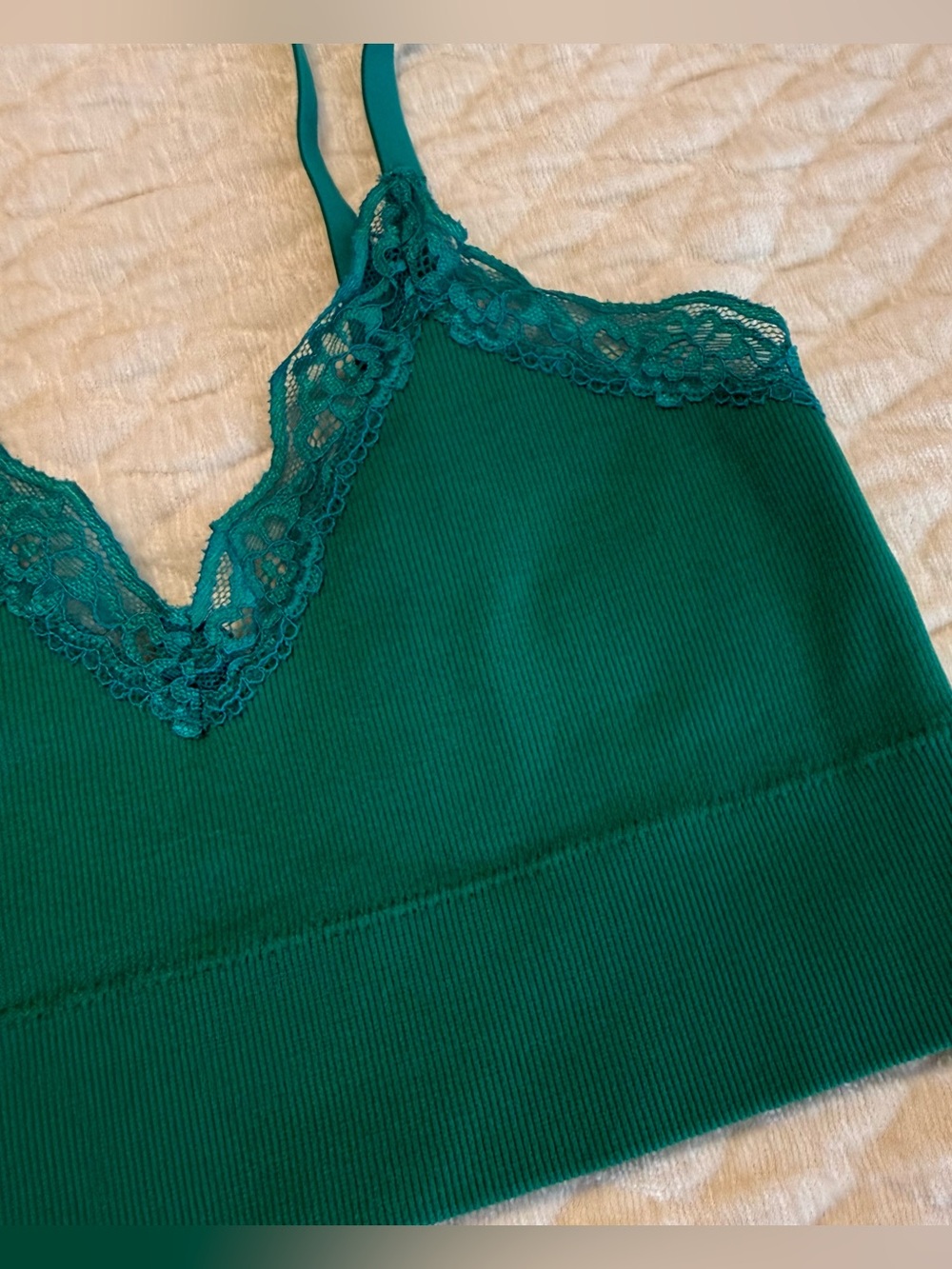 George Green Teal Bralette Bra Lace Trim Size Small Ribbed